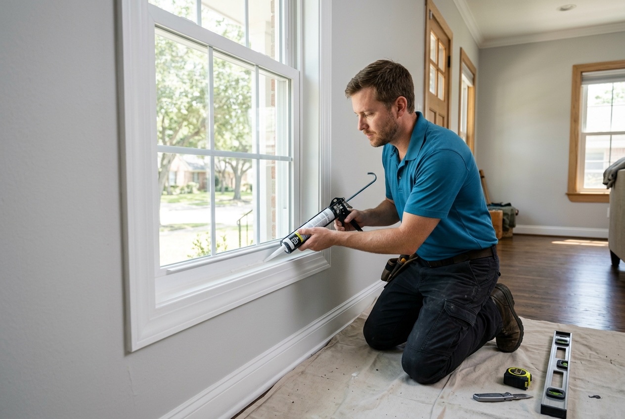 Allwin Windows installer fitting a new replacement window in a Houston home