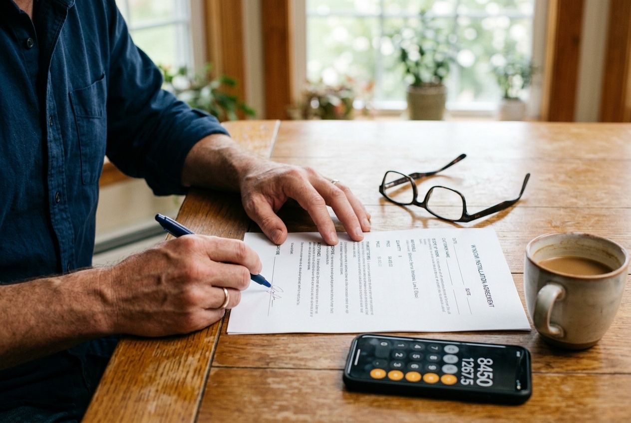 Houston homeowner reviewing window warranty contract paperwork at a kitchen table