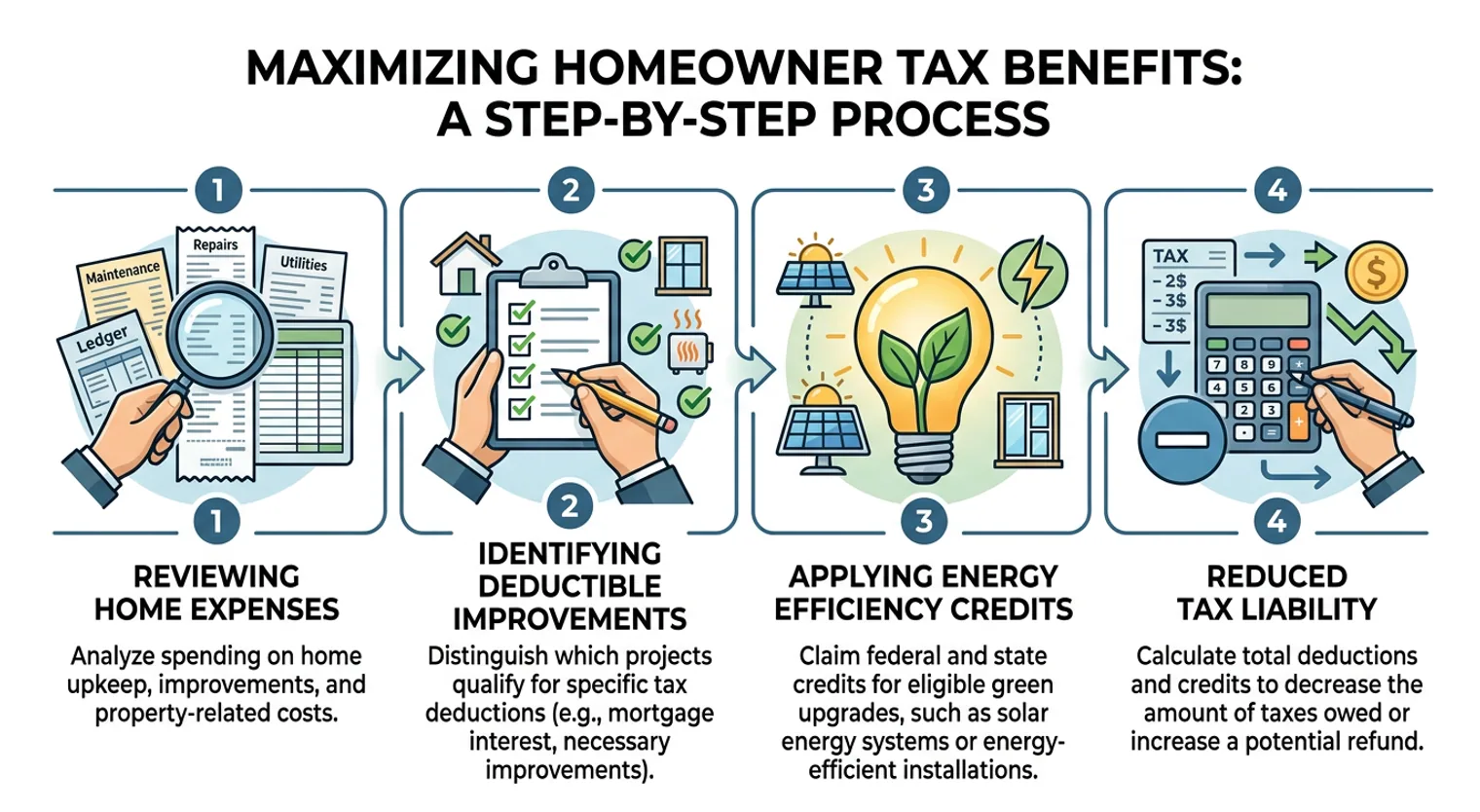 A process diagram illustrating how homeowners can identify and claim tax benefits, including reviewing expenses, identifying deductible improvements, and applying for energy efficiency credits to reduce tax liability.