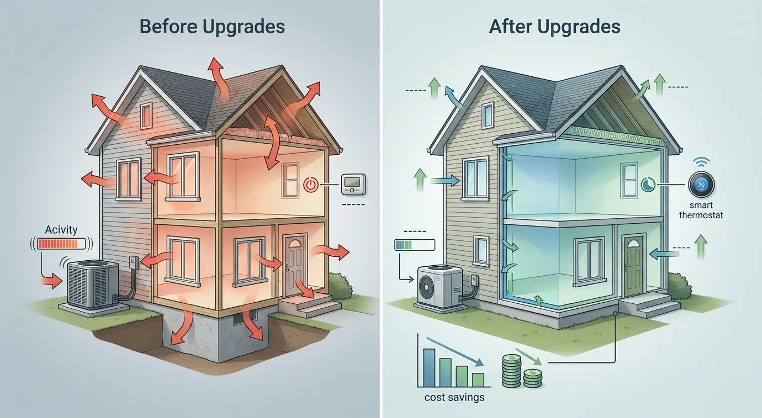 Diagram comparing energy loss in an old house versus energy savings in an upgraded, efficient home, highlighting HVAC, smart thermostat, and sealing improvements.
