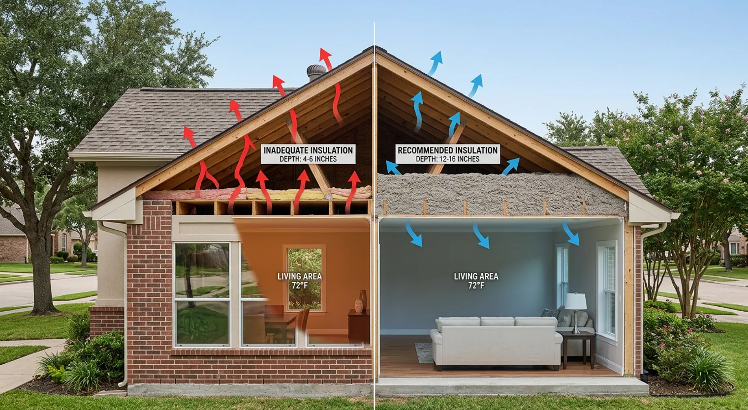 Diagram showing the difference between inadequate and adequate attic insulation, illustrating how thicker insulation prevents heat loss and improves indoor temperature consistency.