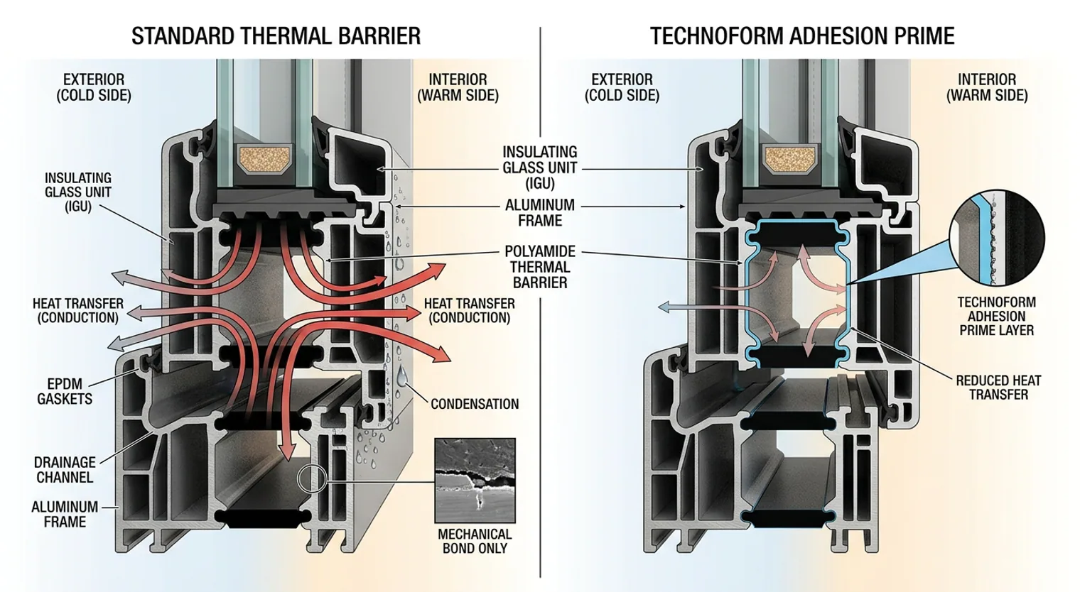 Cross-sectional diagram of an aluminum window frame, highlighting the thermal barrier enhanced by Technoform Adhesion Prime, illustrating improved adhesion and reduced heat flow for better insulation and condensation resistance.