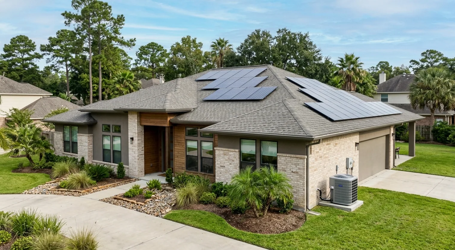 A photorealistic architectural photograph of a modern, energy-efficient home in the Greater Houston area, featuring solar panels, updated windows, and a visible HVAC unit. The home has regional architecture, flat terrain, and warm-climate landscaping, represen