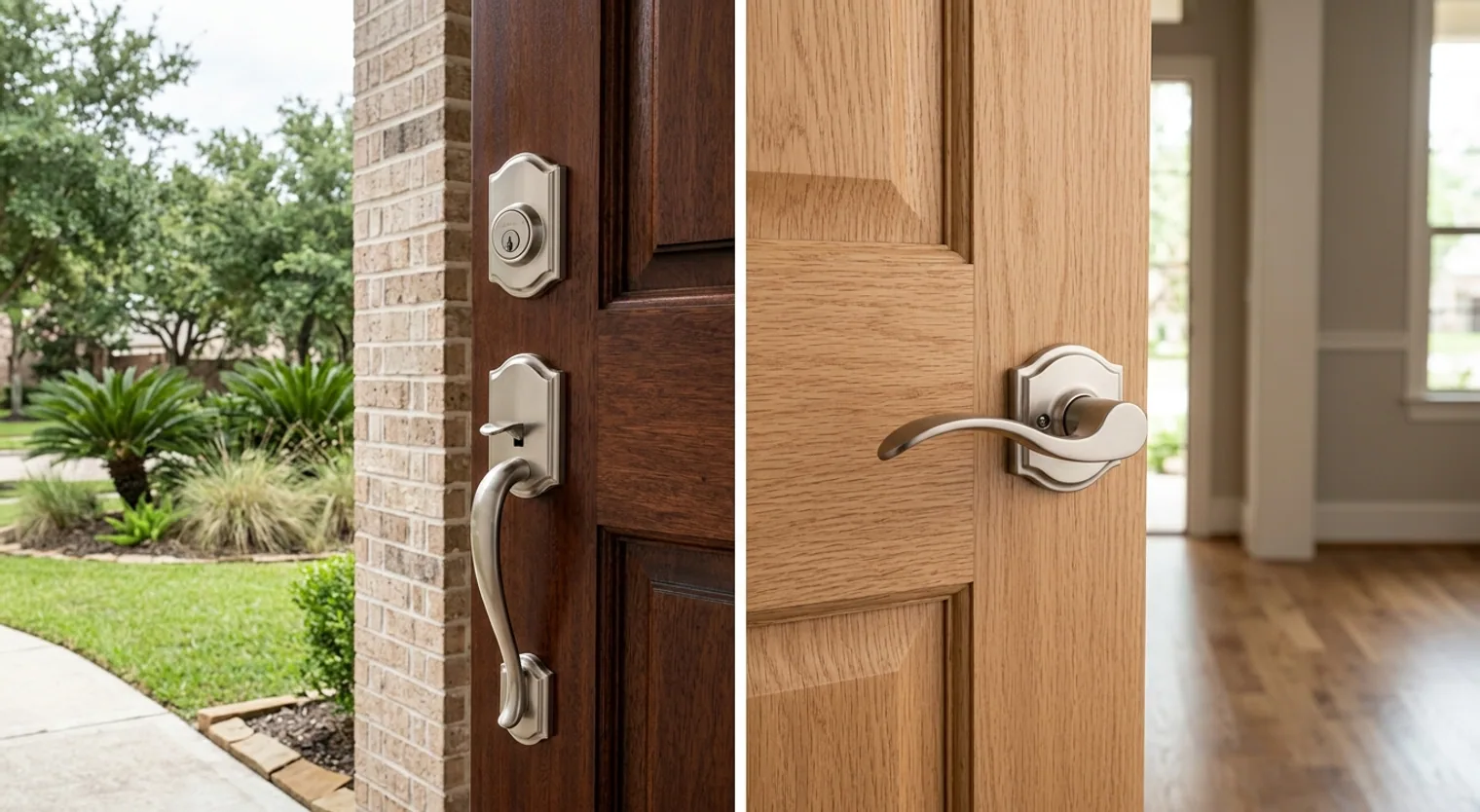 A comparison image displaying the Kwikset Capetown 258 deadbolt for exterior doors next to an interior Sedona lever from the same collection, highlighting their consistent arched design and finish to demonstrate aesthetic continuity in home hardware.