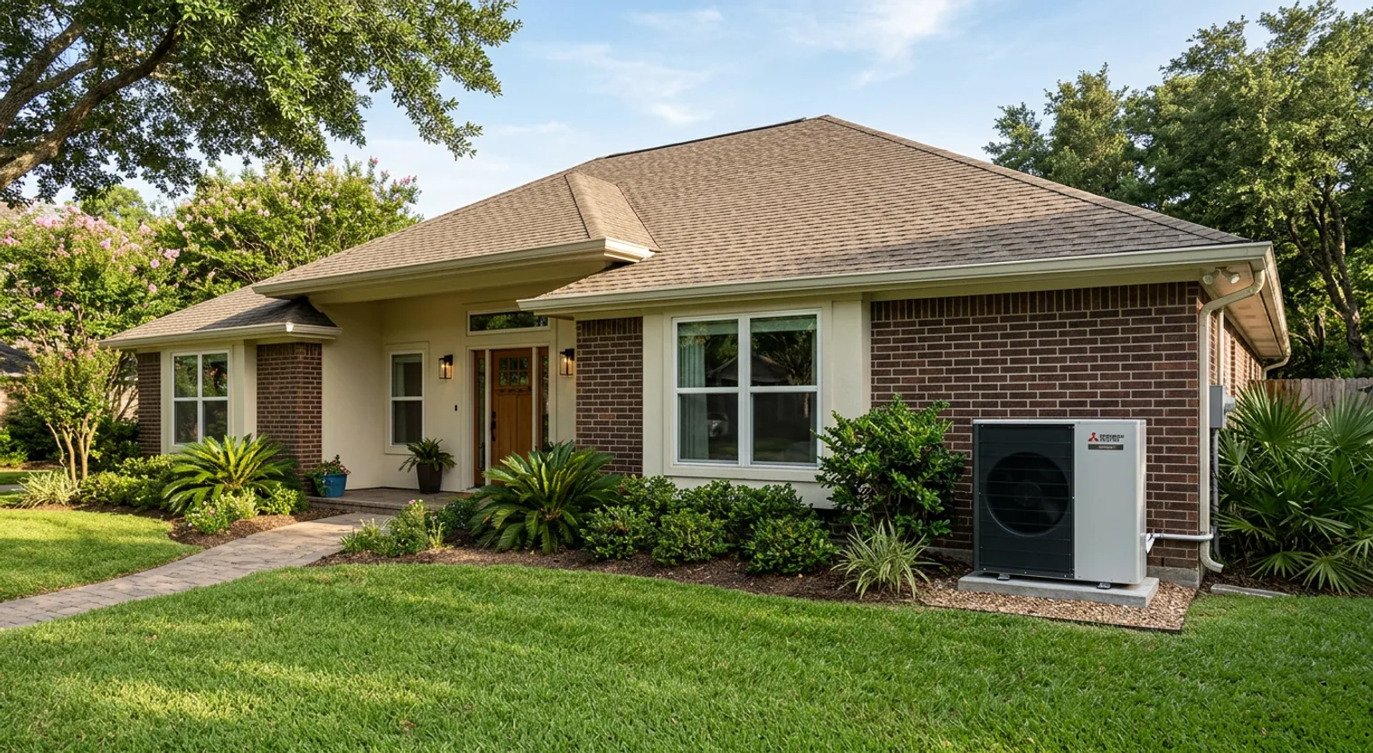 Photorealistic architectural photo of a Greater Houston home featuring a modern, discreet heat pump unit, symbolizing accessible energy-efficient upgrades for existing residences.