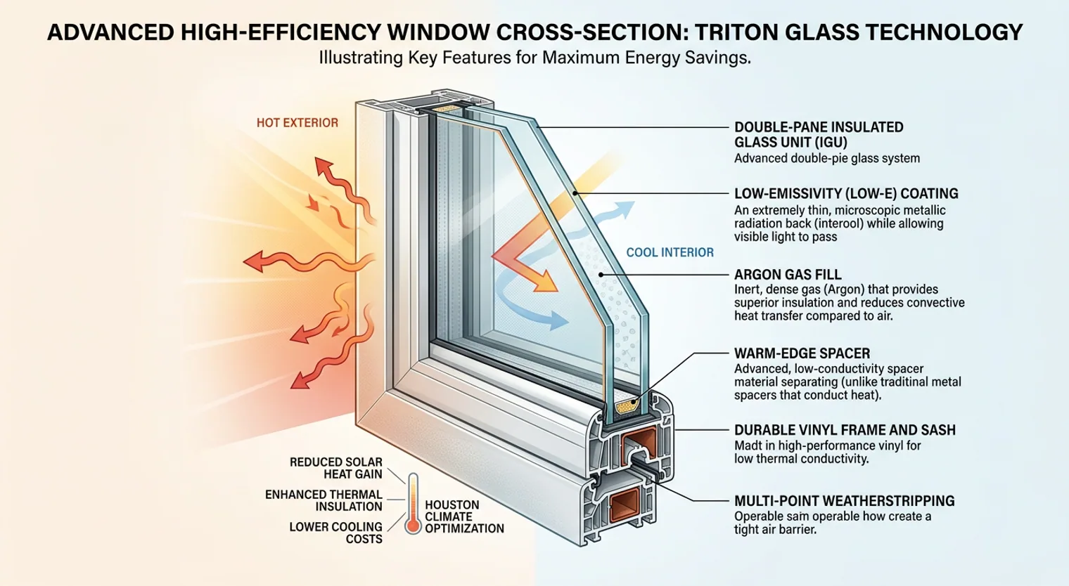 Cross-section diagram of an advanced double-pane window showing low-emissivity coating, argon gas, and warm-edge spacer for thermal efficiency.