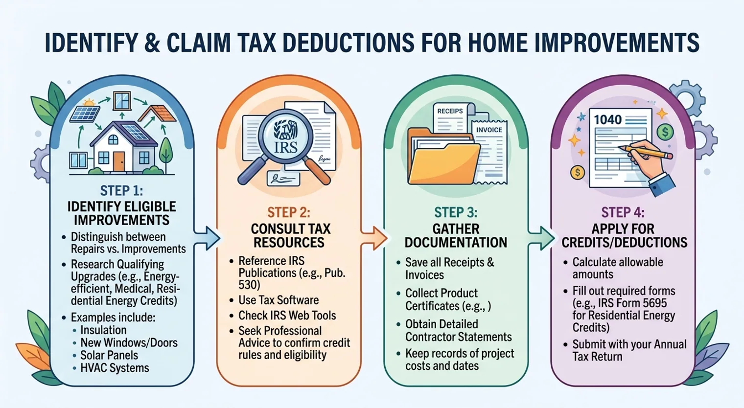 Process diagram illustrating steps from identifying home improvements to claiming tax deductions and credits, with icons for each stage.