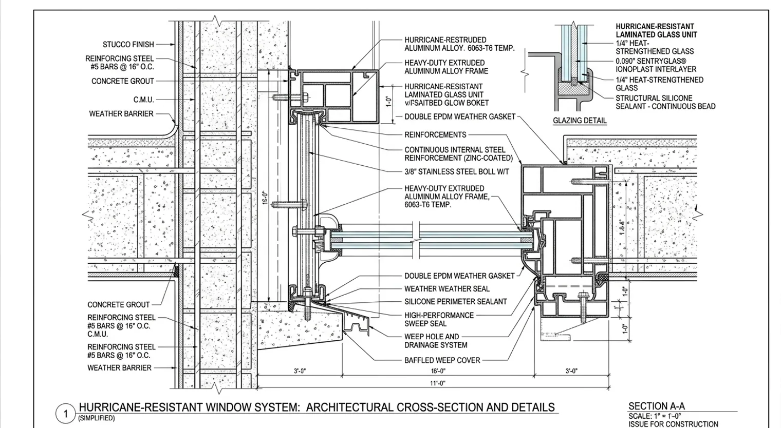 Architectural cross-section of a hurricane-resistant window, showing reinforced frame, multi-pane glass, and weather sealing.