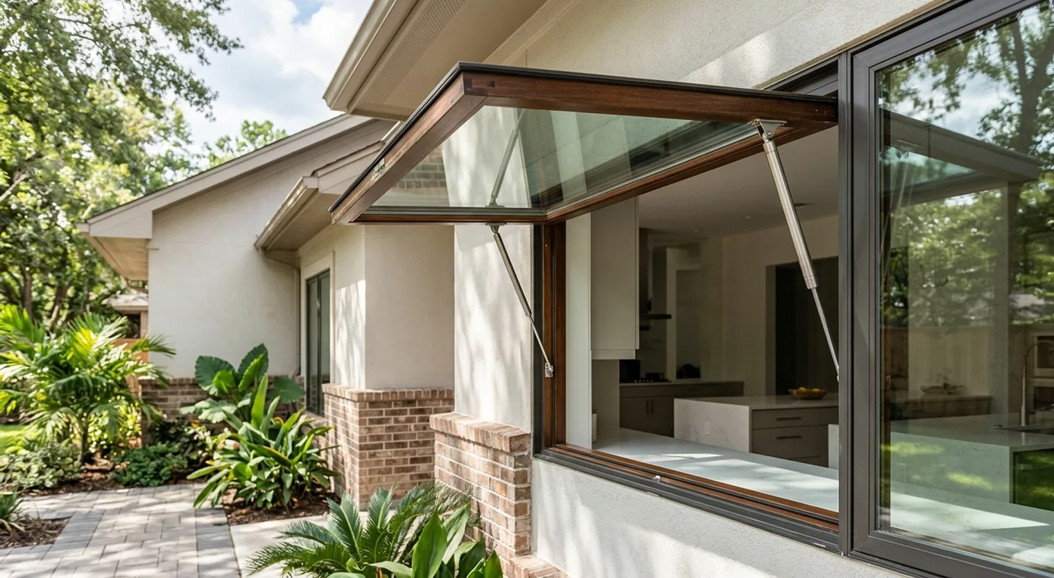 Diagram showing a Kolbe gas strut awning window opening to 90 degrees, highlighting the smooth operation and ventilation benefits for a modern Houston home.