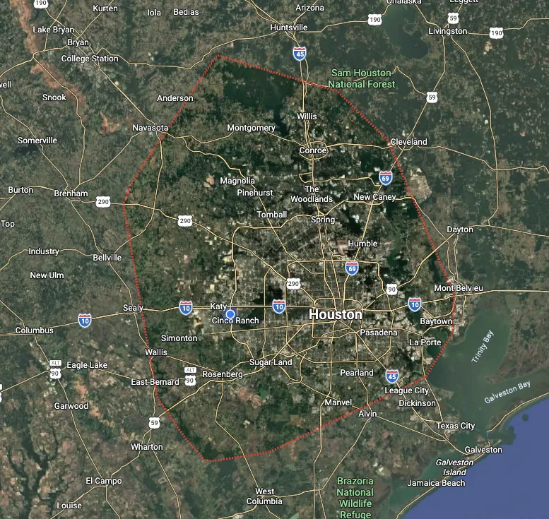 Allwin Windows service area map — greater Houston